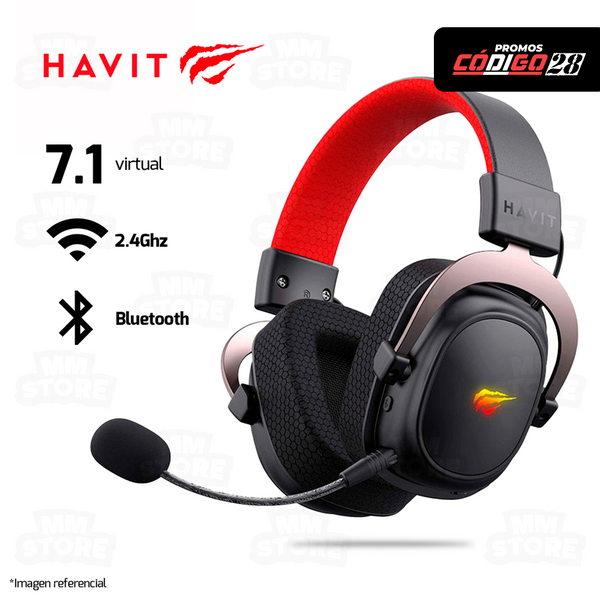 AUDIFONO HAVIT H2002BG | BLUETOOTH- INALAMBRICO- USB | 7.1 | NEGRO - ROJO