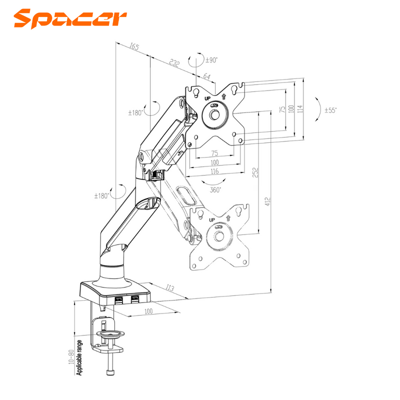 BRAZO PARA MONITOR SPACER SB60 | HIDRAULICO | 17"-35" | USB 3.0