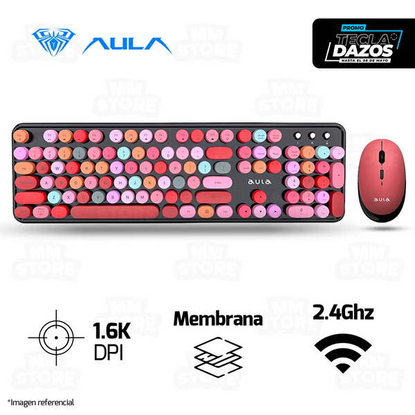 COMBO AULA AC306 | INGLES | INALAMBRICO | TECLADO + MOUSE | NEGRO - ROJO