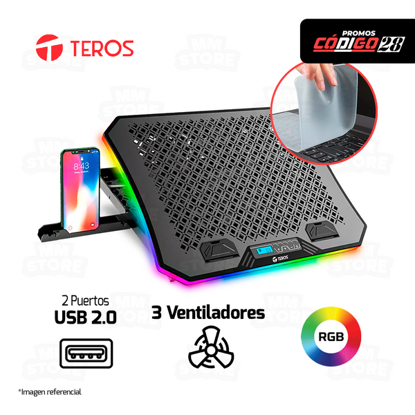 COOLER PARA LAPTOP TEROS TE-7130N 3 VENTILADORES RGB | GRATIS 01 PROTECTOR TECLADO LAPTOP PEQUEÑO
