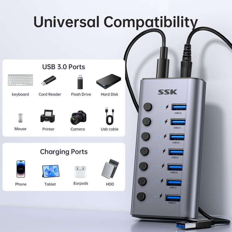 HUB USB 3.0 SSK SHU0701 | 7 PUERTOS | SWITCHES