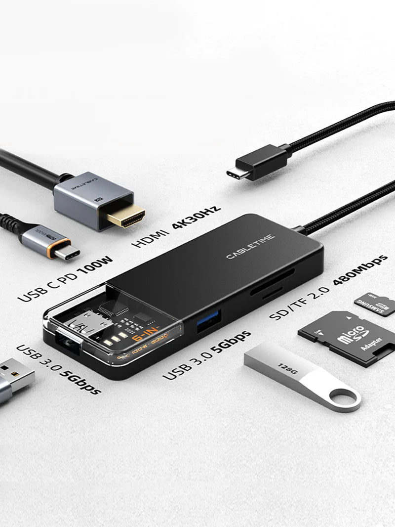 HUB ADAPTADOR USB TIPO-C 6 EN 1 CABLETIME CB04B | 100W | HDMI 4K-30HZ | 2 PUERTOS USB | SD/TF