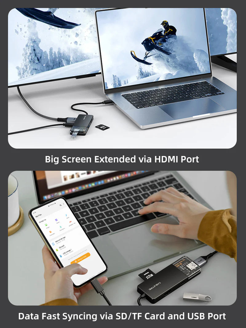HUB ADAPTADOR USB TIPO-C 6 EN 1 CABLETIME CB04B | 100W | HDMI 4K-30HZ | 2 PUERTOS USB | SD/TF