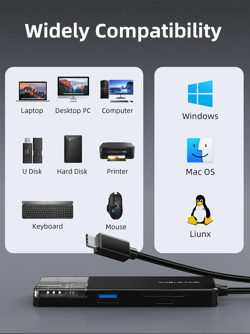 HUB ADAPTADOR USB TIPO-C 6 EN 1 CABLETIME CB04B | 100W | HDMI 4K-30HZ | 2 PUERTOS USB | SD/TF