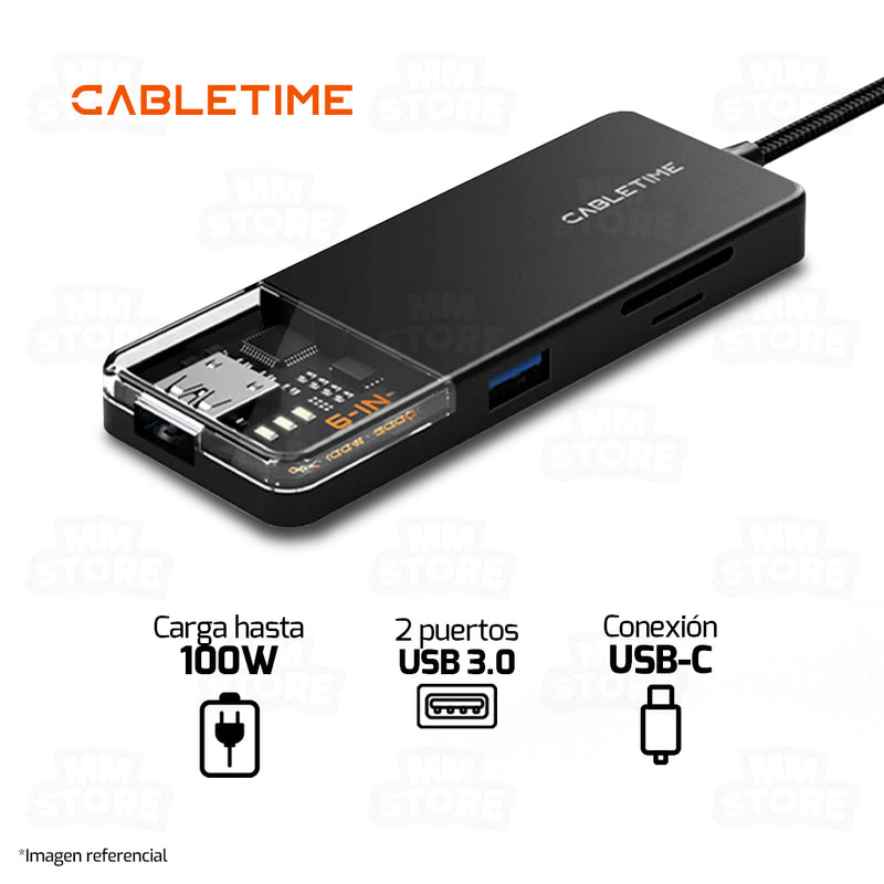 HUB ADAPTADOR USB TIPO-C 6 EN 1 CABLETIME CB04B | 100W | HDMI 4K-30HZ | 2 PUERTOS USB | SD/TF