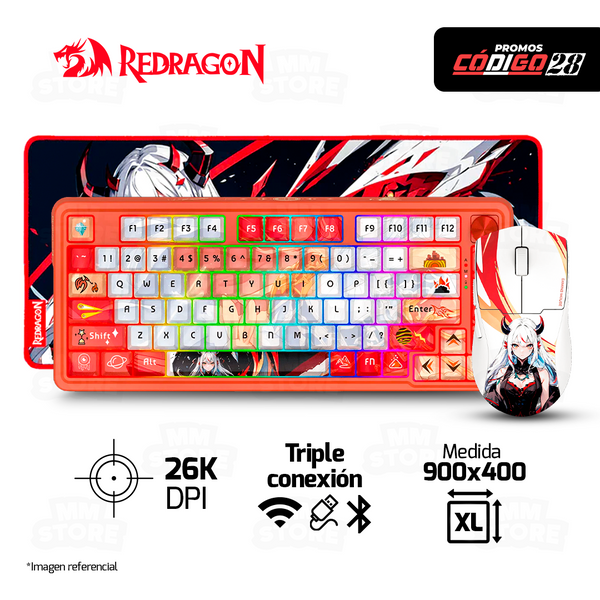 KIT GAMER |TECLADO INALÁMBRICO REDRAGON UCAL PRO K673AK ANIME INGLES + MOUSE INALÁMBRICO REDRAGON K1NG MAX (1K HZ) M918AKG-PRO ANIME + MOUSEPAD REDRAGON P047 AK L 900 X 400