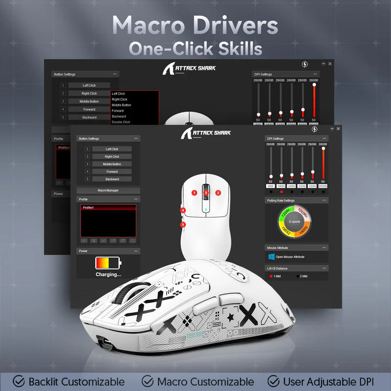 MOUSE ATTACK SHARK X3 PRO | INALAMBRICO | 8000 HZ | 26,000 DPI | BLANCO