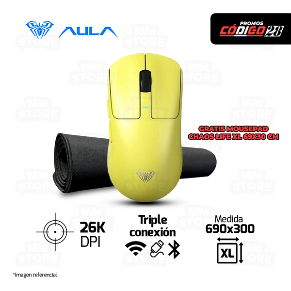 MOUSE AULA SC680 INALAMBRICO - BLUETOOTH AMARILLO | GRATIS 01 MOUSEPAD XL 690 X 300 X 2MM BORDE NEGRO