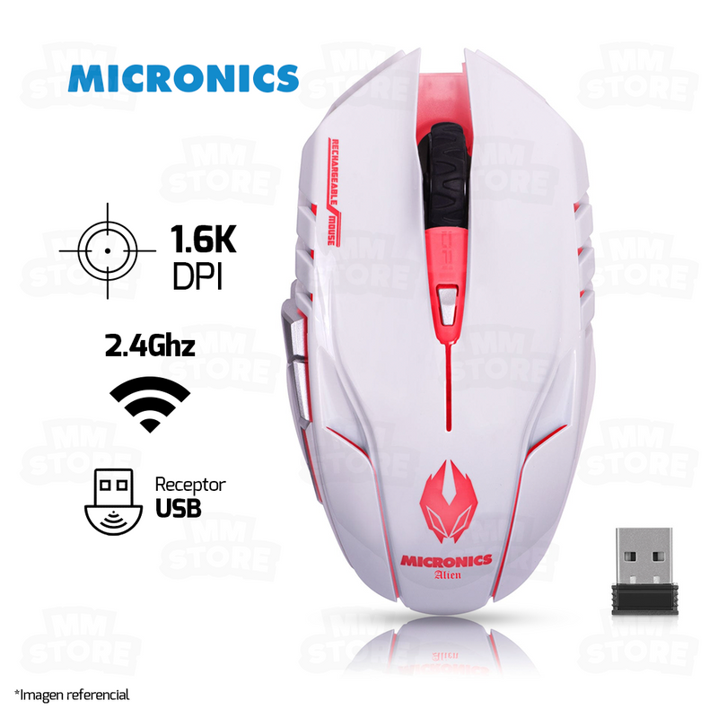 MOUSE MICRONICS ALIEN MIC M834WL | INALAMBRICO | 1,600 DPI | ROJO | BLANCO