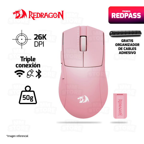 MOUSE REDRAGON K1NG PRO (4K HZ) M916P-PRO-4K | INALAMBRICO | 26,000 DPI | ROSADO |  GRATIS 01 ORGANIZADOR DE CABLES ADHESIVO | 7 RANURAS