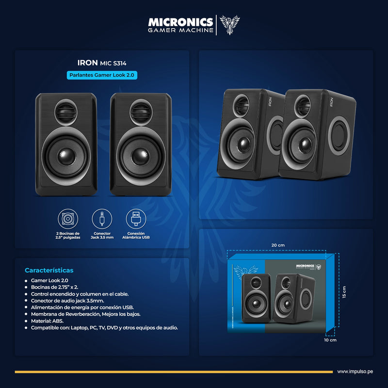 PARLANTE 2.0 MICRONICS IRON MIC S314B | 3.5MM | USB | RGB | NEGRO