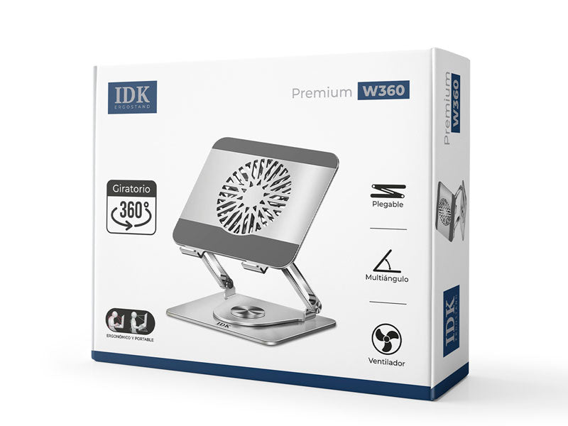 SOPORTE PARA LAPTOP IDK PREMIUM W360 | 1 VENTILADOR | 360º | PLATEADO