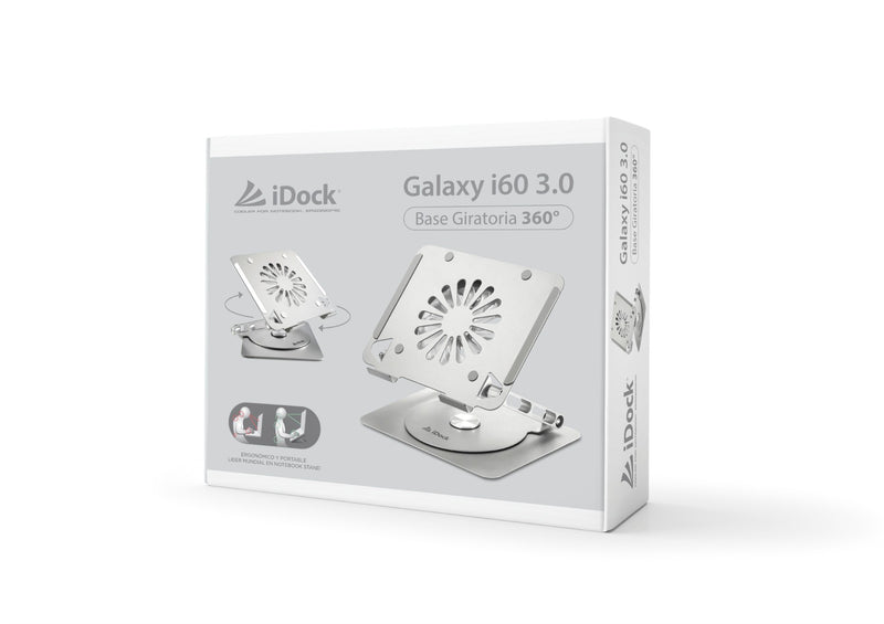 SOPORTE PARA LAPTOP IDOCK GALAXY I60 360° 3.0 | ALUMINIO |  1 VENTILADOR | 04 USB 3.0 | PLATEADO