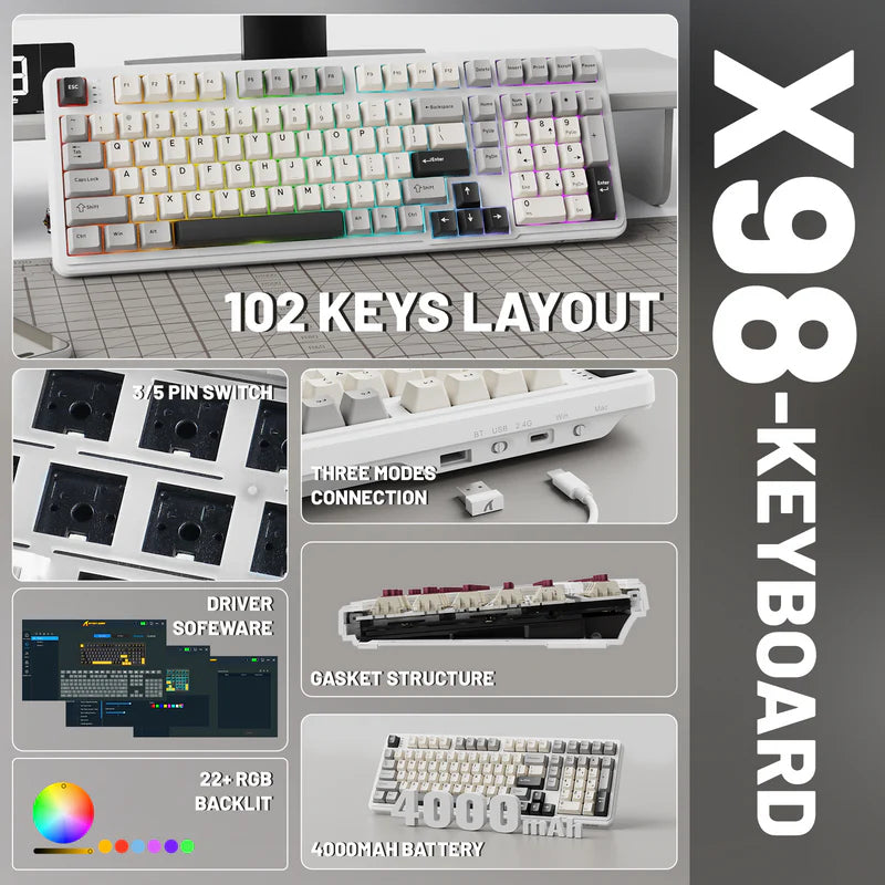 TECLADO ATTACK SHARK X98 | INALAMBRICO | SW LINEAR BLUEBERRY | RGB | BLANCO - GRIS - GRIS OSCURO