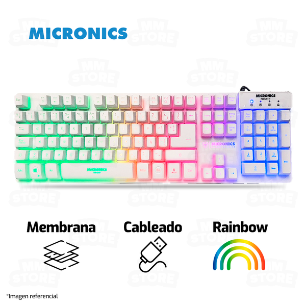 TECLADO MICRONICS NEON MIC K709 | MEMBRANA | RAINBOW | BLANCO