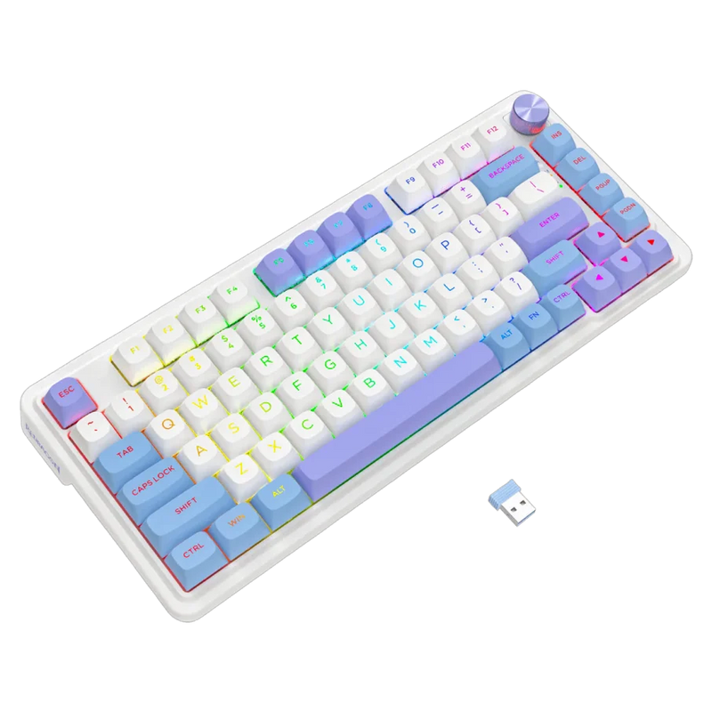 TECLADO REDRAGON UCALMAX K673WBP | INGLES | INALAMBRICO | SW-MINT | RGB | MORADO-BLANCO