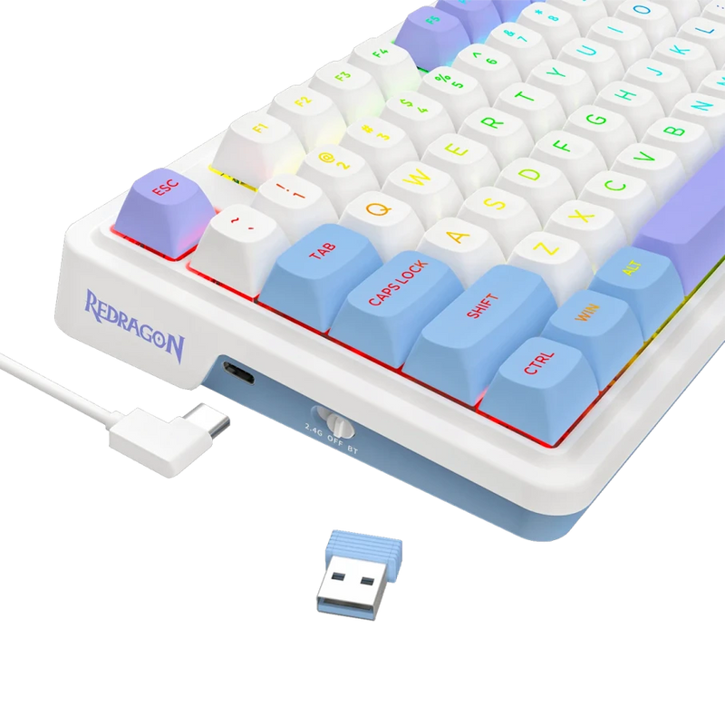 TECLADO REDRAGON UCALMAX K673WBP | INGLES | INALAMBRICO | SW-MINT | RGB | MORADO-BLANCO