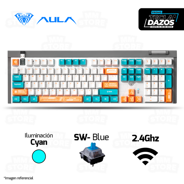 TECLADO AULA F3050 | INGLES | INALAMBRICO | MECANICO | SW-BLUE | LUZ CYAN