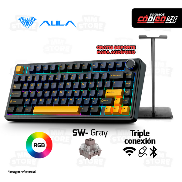 TECLADO AULA F75 INALAMBRICO MECANICO SW-GRAY RGB NEGRO-AMARILLO | GRATIS 01 SOPORTE AUDIFONO NEW BEE NEGRO