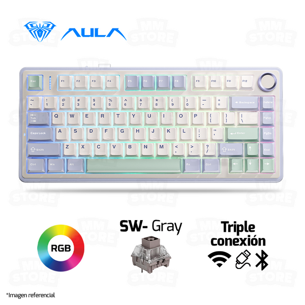TECLADO AULA F75 | INALAMBRICO | MECANICO | SW-GRAY | RGB | BLANCO-CELESTE-VERDE