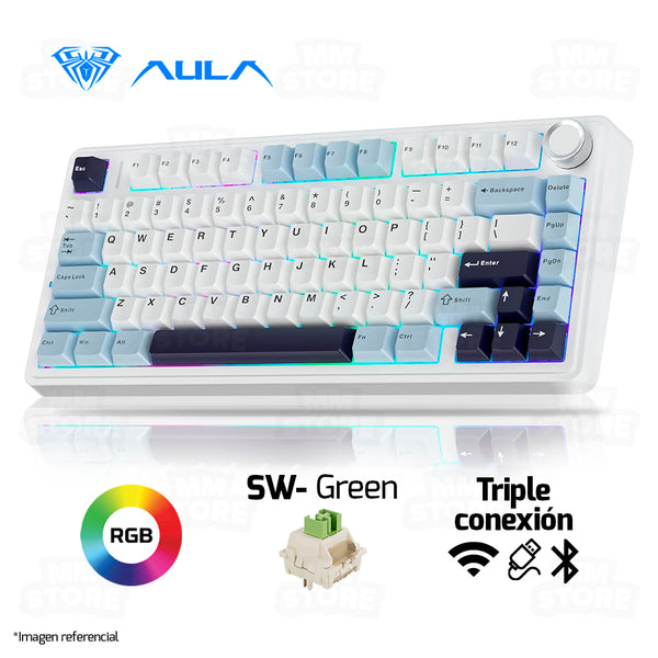 TECLADO AULA F75 | INALAMBRICO | MECANICO | SW-GREEN | RGB | BLANCO-CELESTE-NEGRO