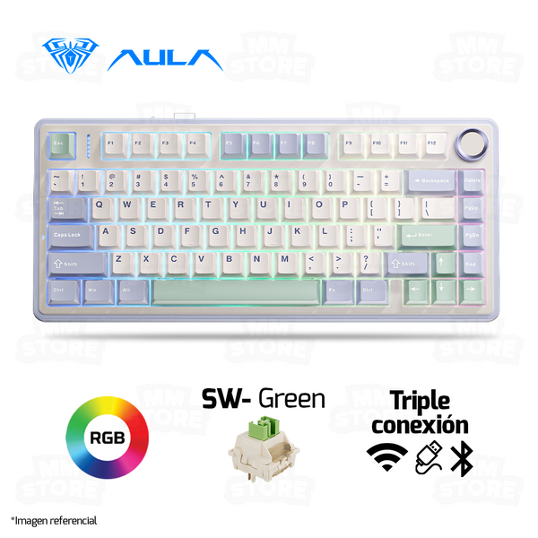 TECLADO AULA F75 | INALAMBRICO | MECANICO | SW-GREEN | RGB | BLANCO-CELESTE-VERDE
