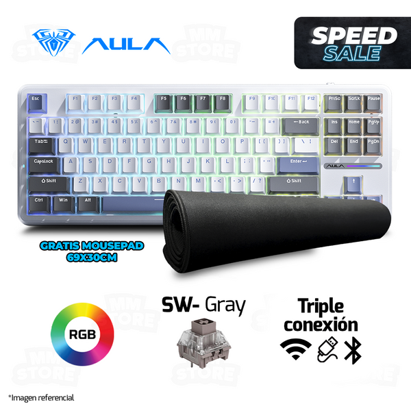 TECLADO AULA F87 INALAMBRICO INGLES MECANICO SW-GRAY RGB NEGRO-BLANCO-AZUL | GRATIS 01 MOUSEPAD DE 69 X30 CM NEGRO