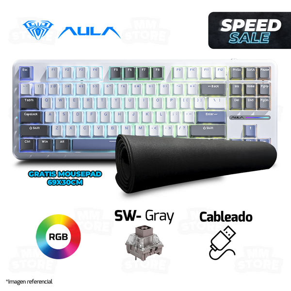 TECLADO AULA F87  ESPAÑOL MECANICO SW-GRAY RGB NEGRO-BLANCO-AZUL | GRATIS 01 MOUSEPAD DE 69 X30 CM NEGRO