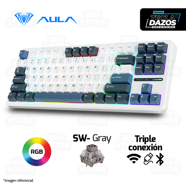 TECLADO AULA F87 | INGLES | INALAMBRICO | MECANICO | SW-GRAY | RGB | NEGRO-BLANCO-AZUL