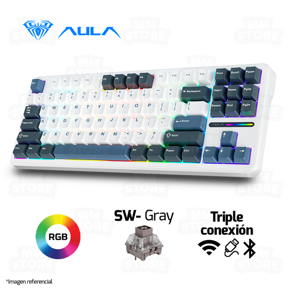 TECLADO AULA F87 | INGLES | INALAMBRICO | MECANICO | SW-GRAY | RGB | NEGRO-BLANCO-AZUL