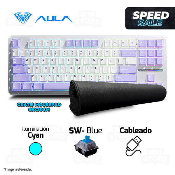 TECLADO AULA F87 INGLES MECANICO SW-BLUE LUZ CYAN | GRATIS 01 MOUSEPAD DE 69 X30 CM NEGRO