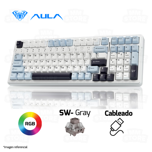 TECLADO AULA F99 | ESPAÑOL | MECANICO | SW-GRAY | RGB | BLANCO-CELES-NEGRO