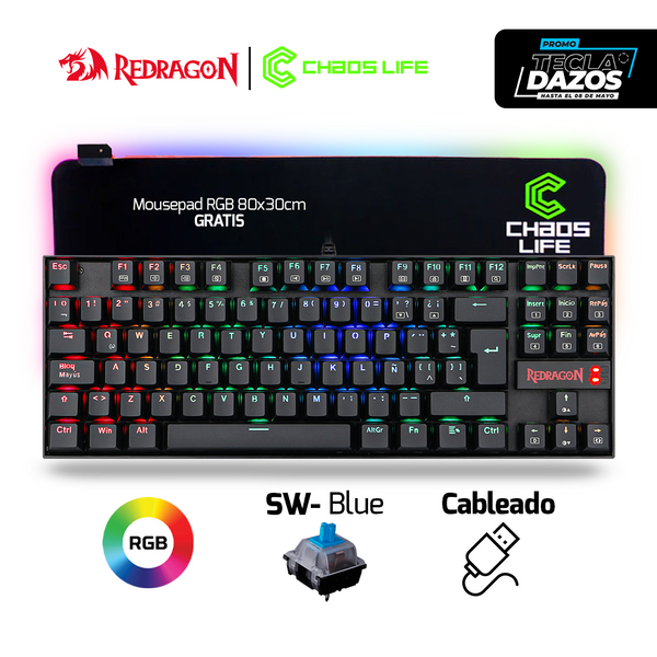 TECLADO REDRAGON KUMARA K552 SW-BLUE RGB NEGRO | GRATIS 01 MOUSEPAD CHAOS LIFE 80 X 30CM RGB