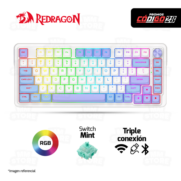 TECLADO REDRAGON UCALMAX K673WBP | INGLES | INALAMBRICO | SW-MINT | RGB | MORADO-BLANCO