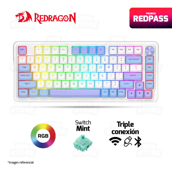 TECLADO REDRAGON UCALMAX K673WBP | INGLES | INALAMBRICO | SW-MINT | RGB | MORADO-BLANCO