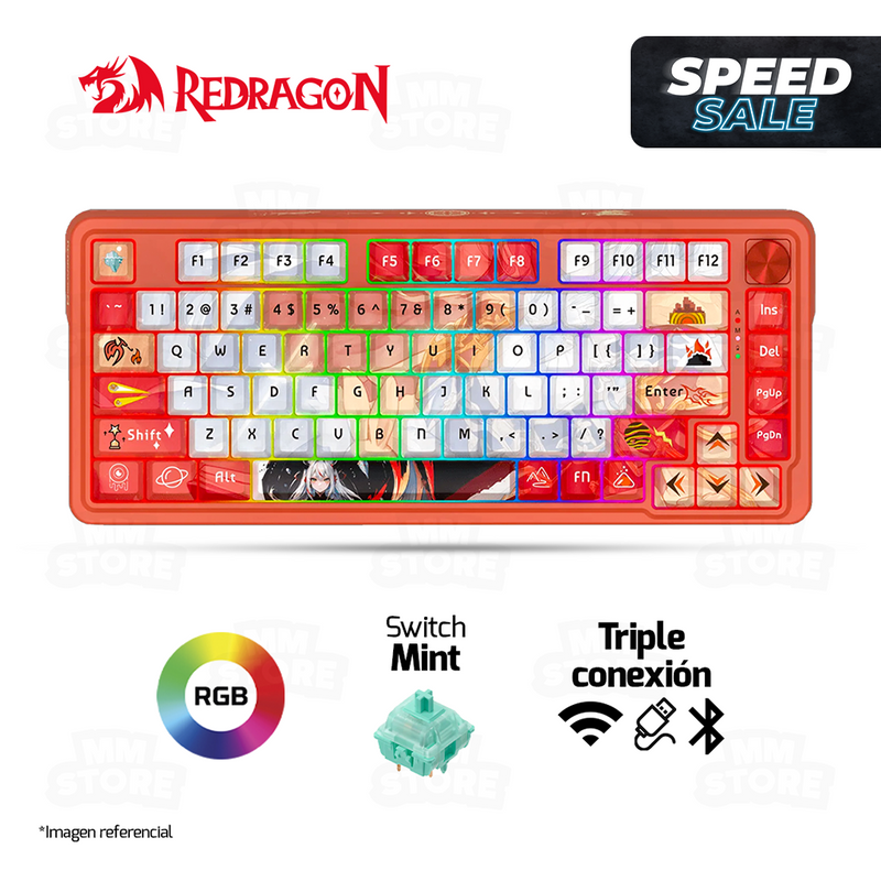 TECLADO REDRAGON UCAL PRO K673AK ANIME| INGLES | INALAMBRICO | SW-MINT | RGB | BLANCO-ROJO