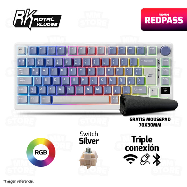 TECLADO ROYAL KLUDGE RK-M75 |ESPAÑOL| INALAMBRICO| MECANICO| SW-KSILVER |RGB |OCEAN BLUE | GRATIS 01 MOUSEPAD CHAOS LIFE XL 700 X 300 X 3MM BORDE NEGRO