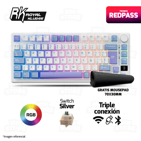 TECLADO ROYAL KLUDGE RK-M75 |ESPAÑOL| INALAMBRICO| MECANICO| SW-KSILVER |RGB |TARO MILK | GRATIS 01 MOUSEPAD CHAOS LIFE XL 700 X 300 X 3MM BORDE NEGRO