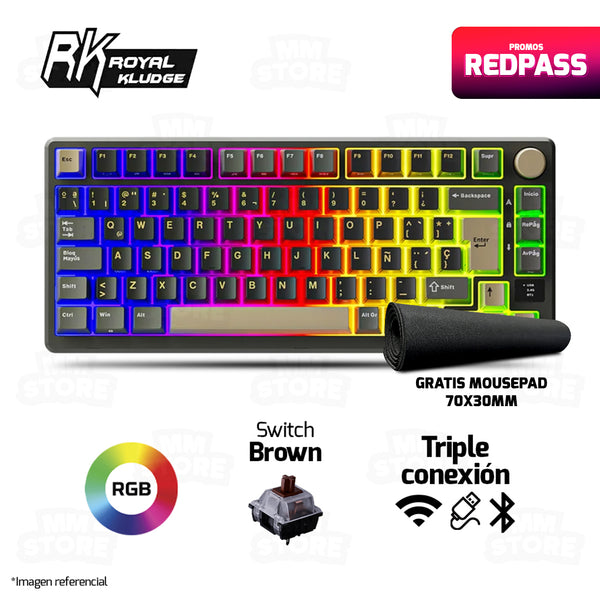 TECLADO ROYAL KLUDGE RK-M75 | ESPAÑOL| INALAMBRICO| MECANICO| SW-BROWN | RGB |PANTHOM | GRATIS 01 MOUSEPAD CHAOS LIFE XL 700 X 300 X 3MM BORDE NEGRO