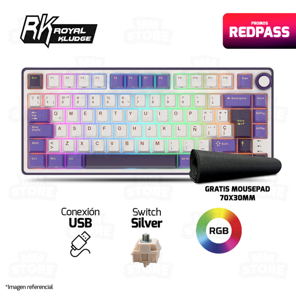 TECLADO ROYAL KLUDGE RK-R75 |ESPAÑOL| CABLEADO | MECANICO| SW-KSILVER |RGB |MORADO | GRATIS 01 MOUSEPAD CHAOS LIFE XL 700 X 300 X 3MM BORDE NEGRO