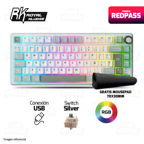 TECLADO ROYAL KLUDGE RK-R75 |ESPAÑOL| CABLEADO | MECANICO| SW-KSILVER |RGB |VERDE | GRATIS 01 MOUSEPAD CHAOS LIFE XL 700 X 300 X 3MM BORDE NEGRO
