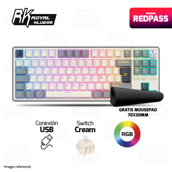 TECLADO ROYAL KLUDGE RK-R87PRO TKL |ESPAÑOL| CABLEADO |MECANICO| SW-CREAMY|RGB GRIS-BLANCO | GRATIS 01 MOUSEPAD CHAOS LIFE XL 700 X 300 X 3MM BORDE NEGRO