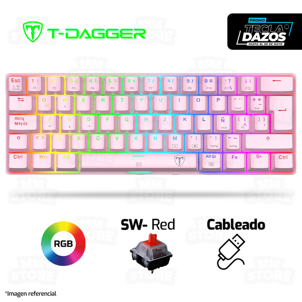 TECLADO T-DAGGER ARENA T-TGK321 | ESPAÑOL | MECANICO | SW-RED | RGB | ROSADO