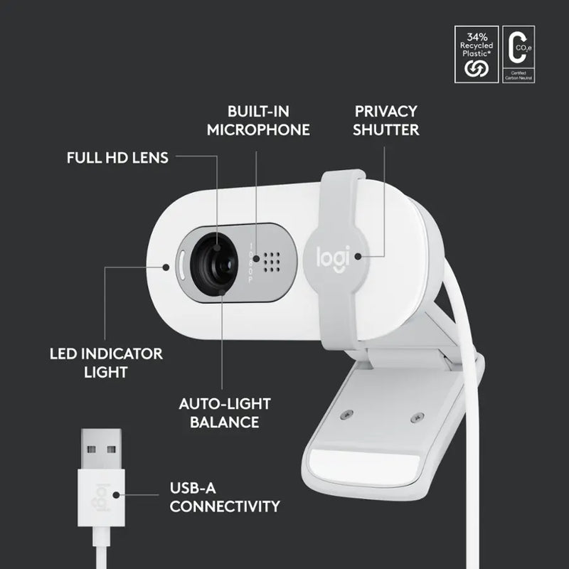 WEBCAM LOGITECH BRIO 100 | FULL HD | 1080p-30fps | BLANCO