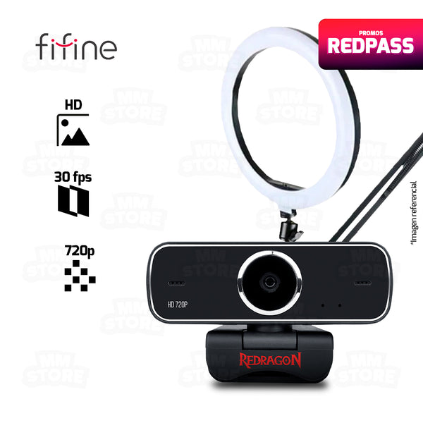 WEBCAM REDRAGON FOBOS GW600 HD 720p 30fps + ARO DE LUZ LED + BRAZO 3 TIPOS DE LUZ 10 PULGADAS