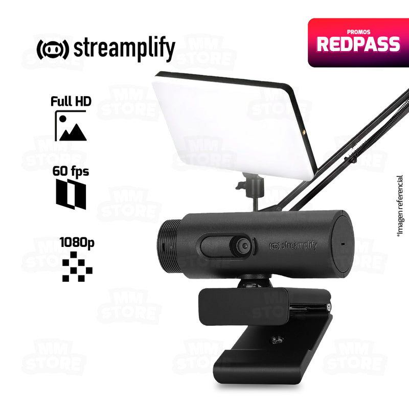 WEBCAM STREAMPLIFY CAM-FHD-2M60-BK 1080p-60fps + PANEL DE LUZ LED CON BRAZO MM-240 10,5"  CONTROL REMOTO