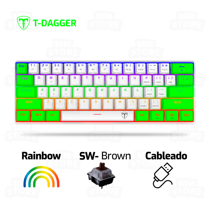 TECLADO T-DAGGER ARENA T-TGK321 | INGLES | MECANICO | SW-BROWN | RAINBOW | BLANCO-VERDE